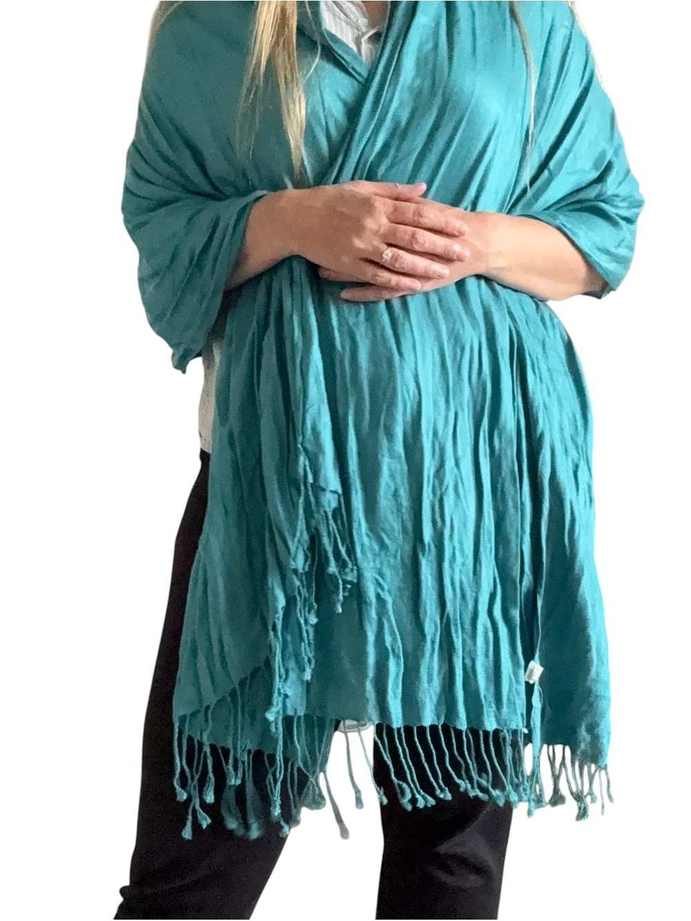 Solid Blue Fringe Classic Wrap Shawl Scarf Pashmina